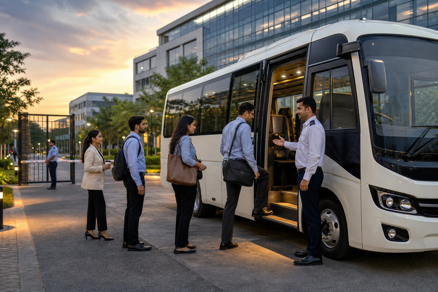 Employees boarding a managed corporate shuttle