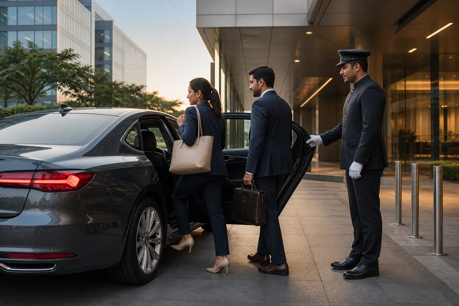 Corporate employees using an executive transport service